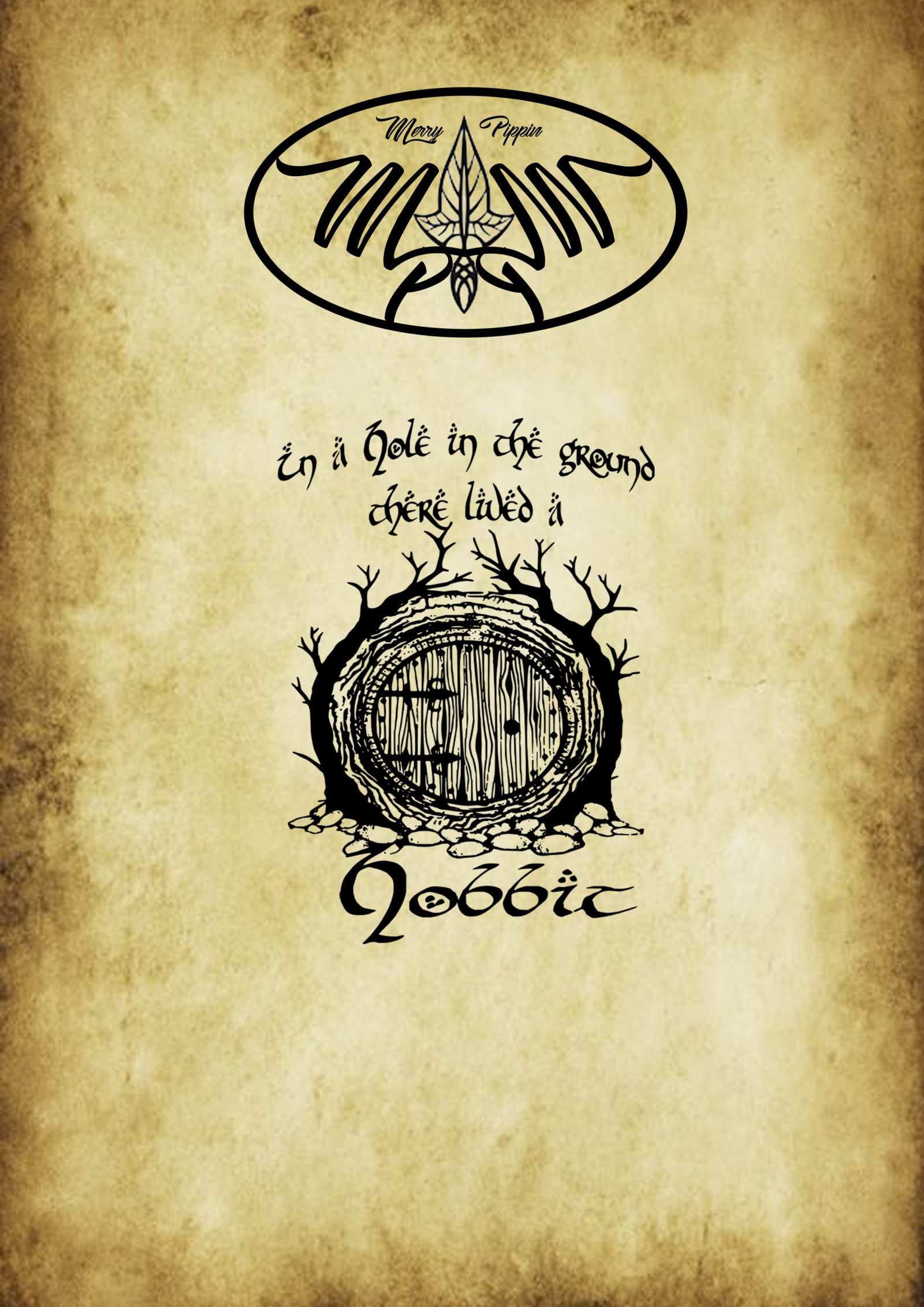Merry & Pippin — logo et porte de hobbit sur parchemin