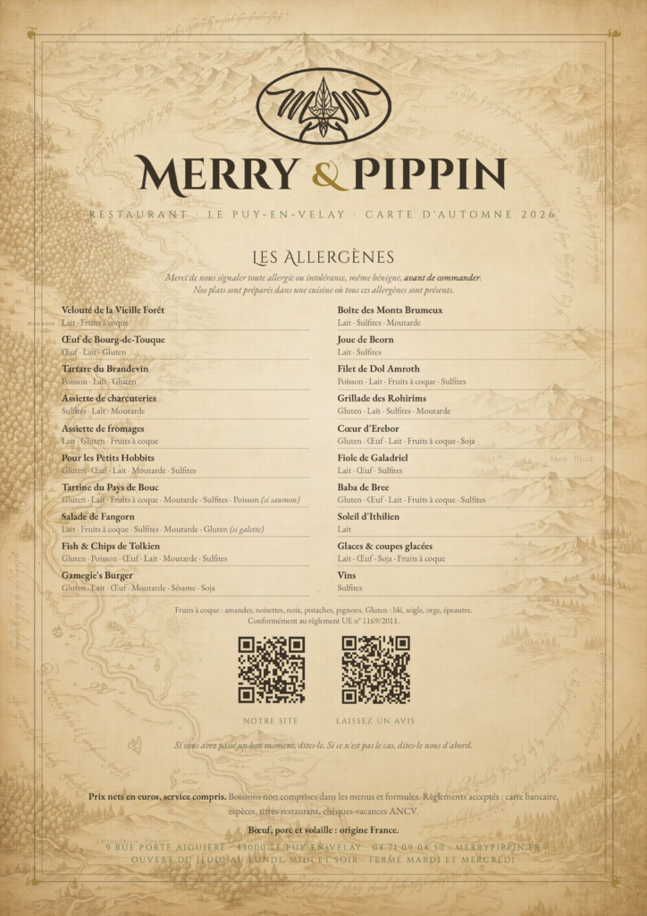 Carte d'automne 2026 du Merry & Pippin, Le Puy-en-Velay — accueil et allergènes