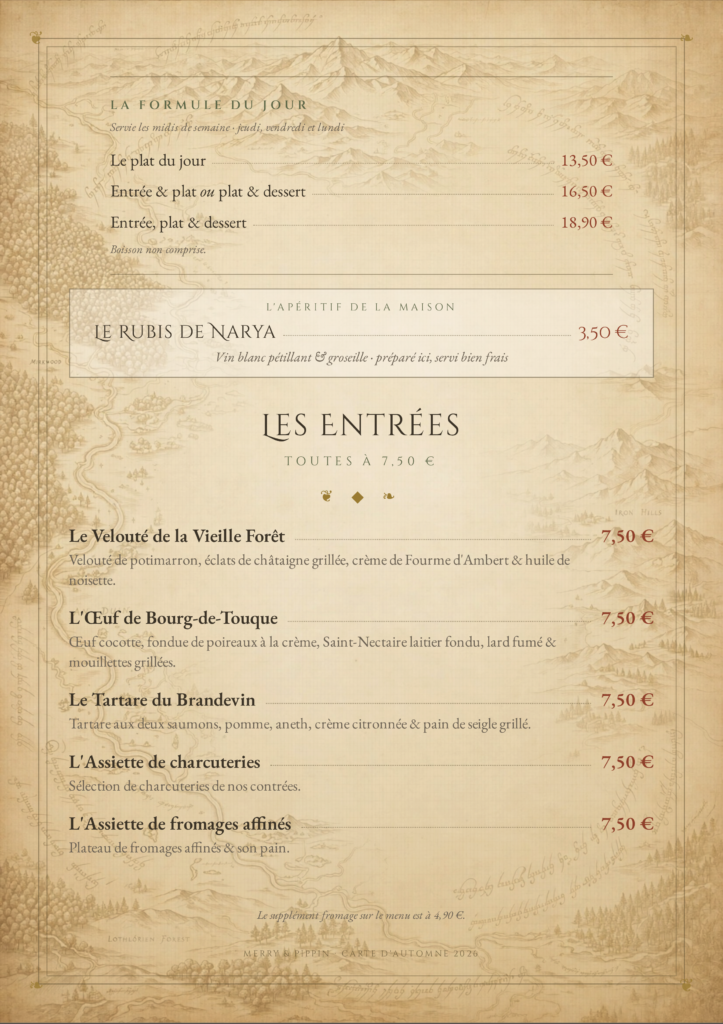 Carte d'automne 2026 du Merry & Pippin — formule du jour, apéritif de la maison et entrées