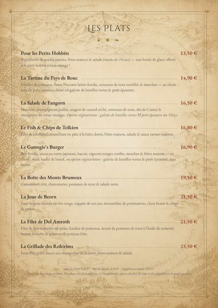 Carte d'automne 2026 du Merry & Pippin — les plats : Joue de Beorn, Fish & Chips de Tolkien, Gamegie's Burger