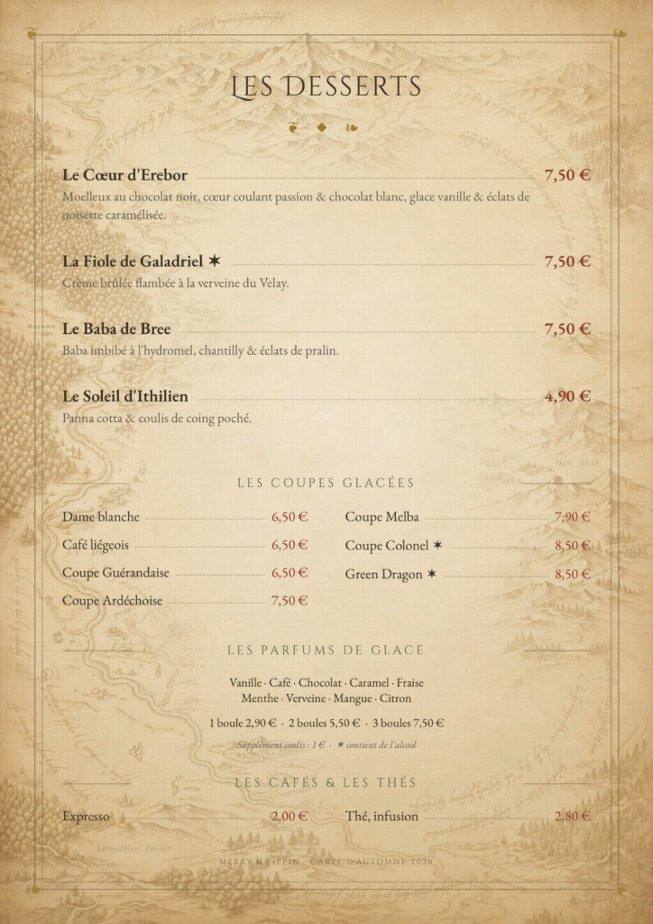Carte d'automne 2026 du Merry & Pippin — les desserts, coupes glacées, cafés et thés