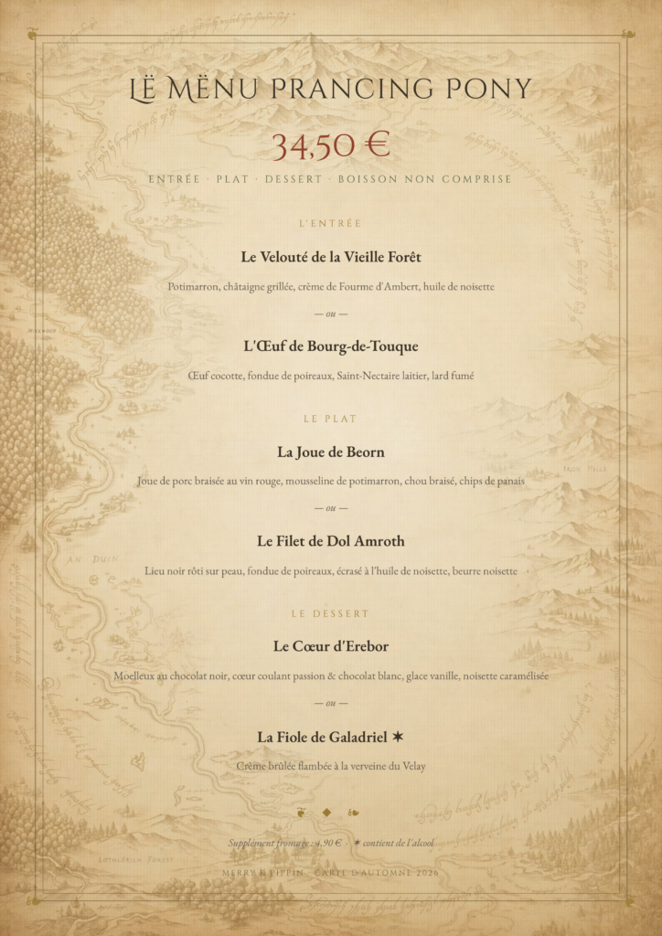 Menu Prancing Pony à 34,50 € — entrée, plat, dessert — Merry & Pippin, Le Puy-en-Velay