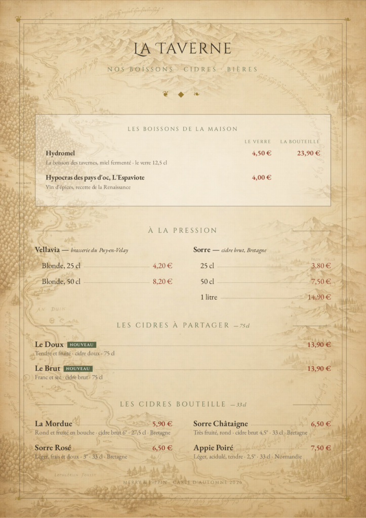 La Taverne du Merry & Pippin — hydromel, hypocras, bière et cidre à la pression, cidres