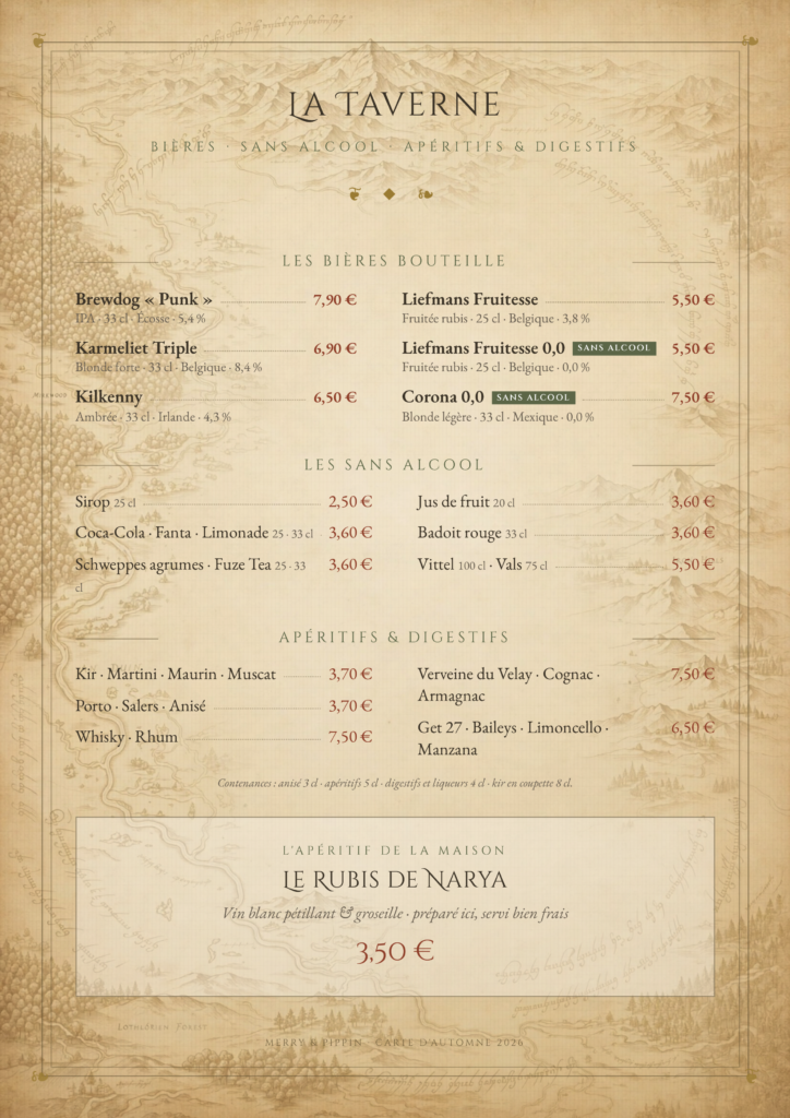 La Taverne du Merry & Pippin — bières bouteille, sans alcool, apéritifs et digestifs
